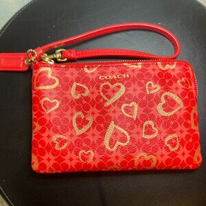 Coach Waverly Monogram Wristlet Clutch Leather Red Gold Hearts Fits Phone New